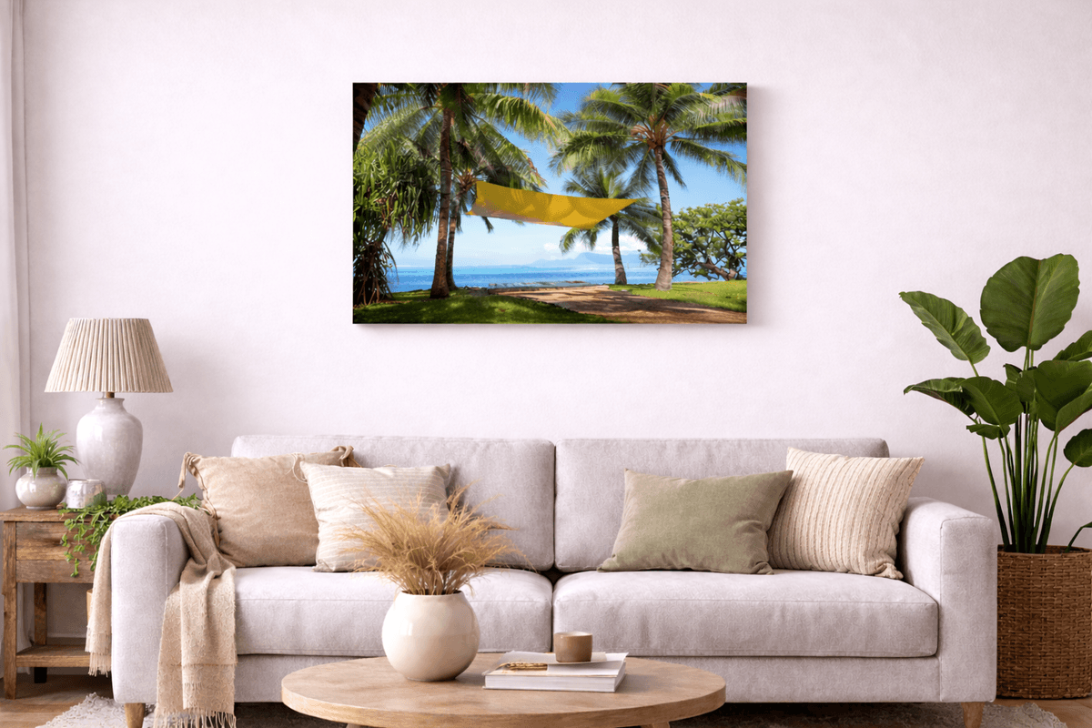 Toile canvas dans un salon - Palmiers et plage de Tahiti